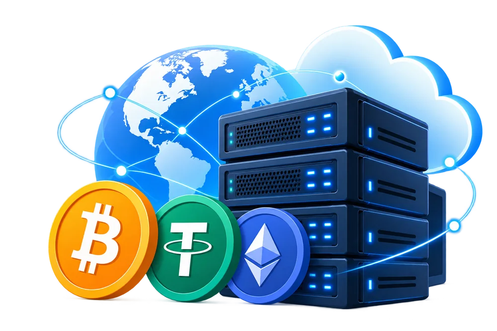 Illustration of VPS servers with Bitcoin, USDT and cryptocurrency payment